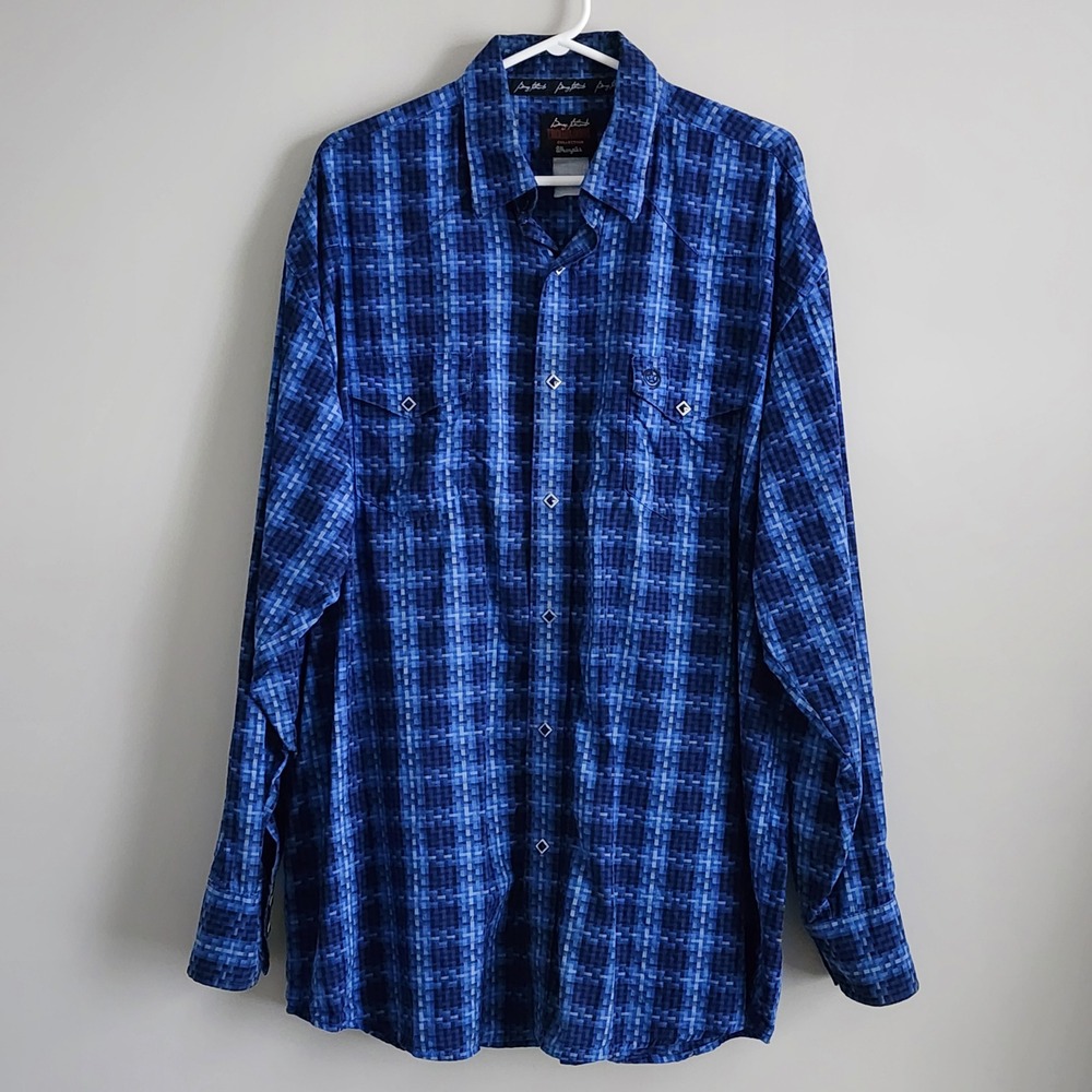 Wrangler George Strait Troubadour Shirt Mens XL Blue Plaid Western Cotton 
Snaps